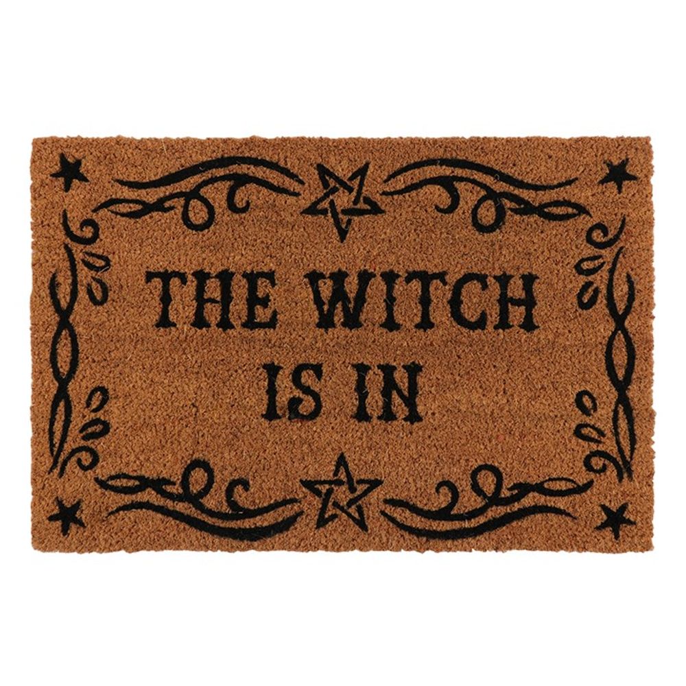 The Natural The Witch Is In Doormat features a rectangular brown design with the text "THE WITCH IS IN" in bold, black font. Decorative black swirls and stars border the text, adding a mystical touch to the design. This fun piece is perfect for sheltered indoor use, offering both style and personality to your space.