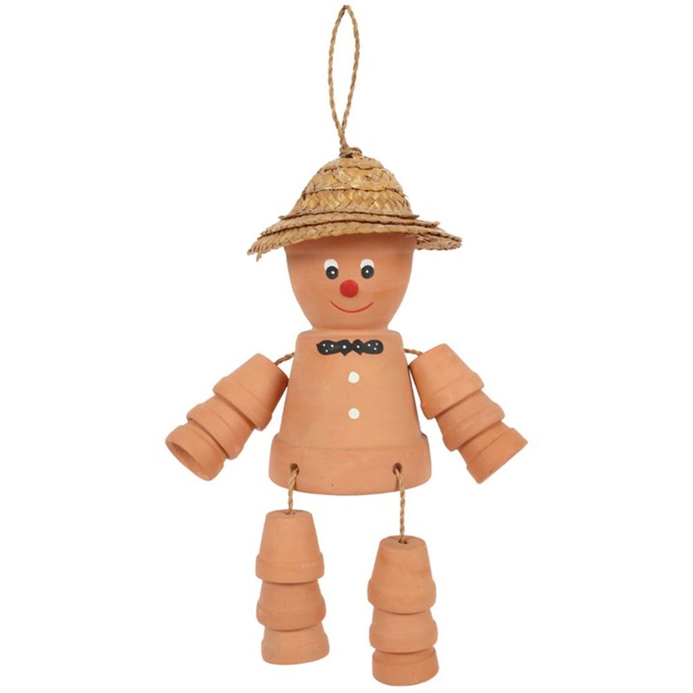 The Terracotta Pot Man is a charming handmade figure crafted from small terracotta pots arranged to form its body, arms, and legs. It features a delightful smiling face with rosy cheeks and a black bow tie, and it wears a woven straw hat. Ideal for outdoor decor or as a garden decoration, this cute figure is suspended by a string from the top of the hat.