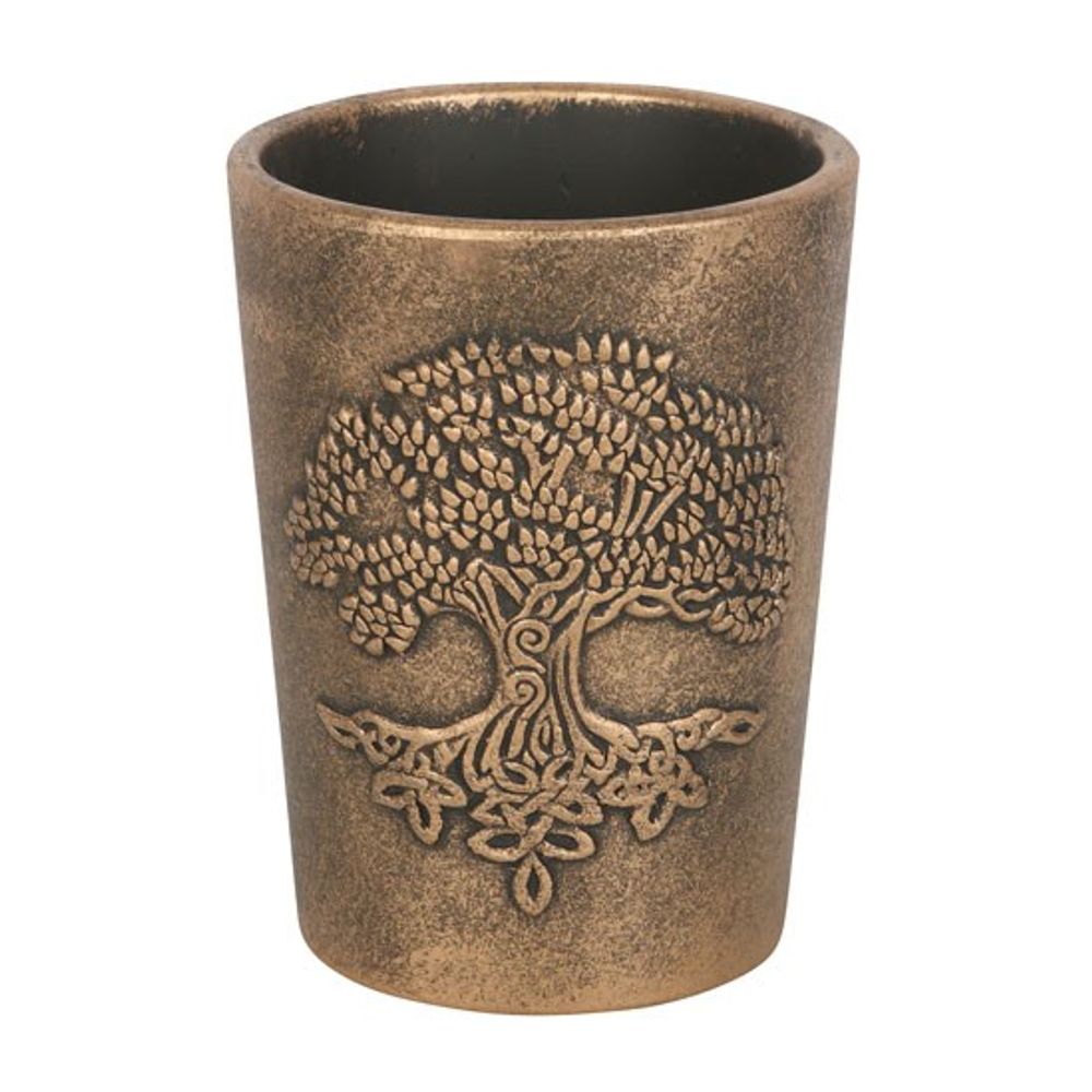 The Tree of Life Bronze Terracotta Plant Pot by Lisa Parker is a cylindrical cup resembling a terracotta plant pot, adorned with an intricate embossed design of the Tree of Life. The detailed leaves and roots on its exterior give it a prominent, artistic look that evokes fantasy themes characteristic of Lisa Parker's style.