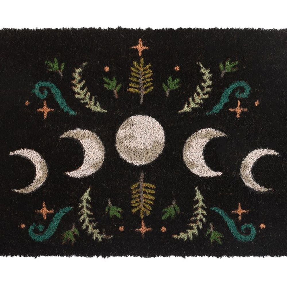 Introducing the Black Dark Forest Moon Phase Doormat, a captivating design showcasing mystical moon phases with a full moon encircled by crescent moons. Vibrant fern leaves, swirls, and star-like shapes symmetrically enhance the celestial scene, crafting a nature-inspired aesthetic.