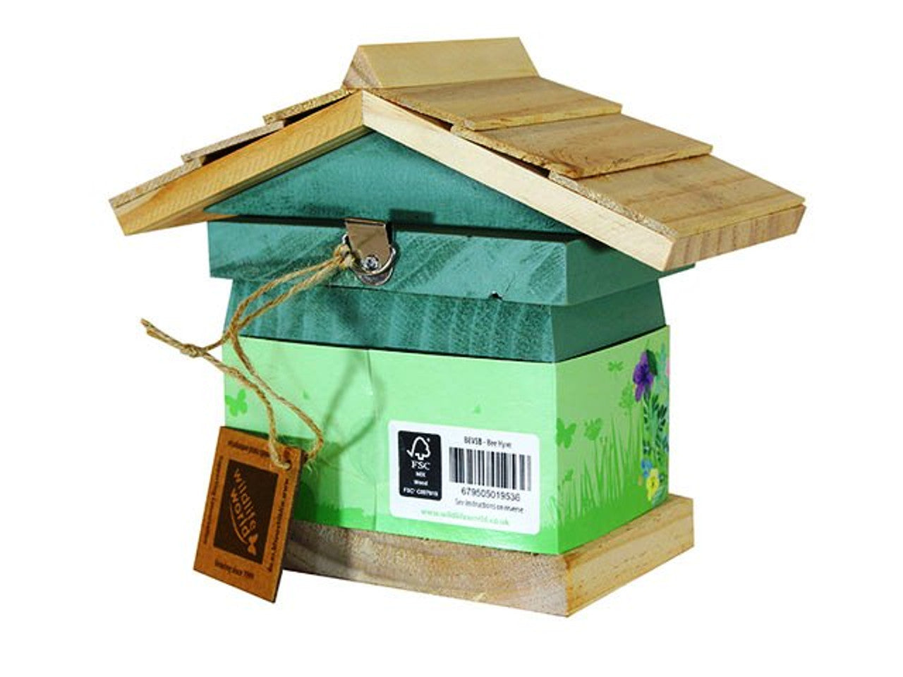 The Wildlife World FSC® Timber Solitary Bee Hive in Sea Green is a small, green wooden structure with a slanted roof. Featuring a front latch and an attached tag secured with twine, the hive displays floral designs in green and blue hues on its sides, making it an ideal addition to any pollinator habitat.