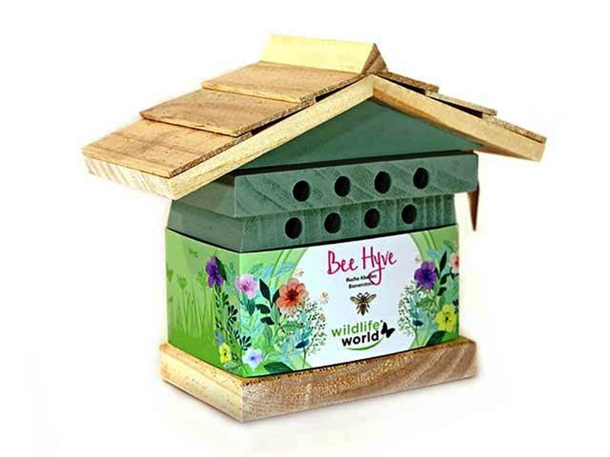 A solitary bee hive with a sea green and floral-patterned body, labeled "Bee Hive" and "Wildlife World," featuring multiple small holes on its sides, and a wooden roof with staggered shingles. Crafted from FSC® timber, this eco-friendly beehive is designed to attract bees and support pollinator habitats.