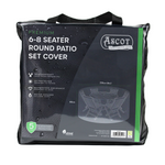 The package features Ascot's "Premium Large (6-8 seater) Round Patio Set Cover - 250 (Dia.)X 80(H) cm" in black. It offers waterproof, UV-protected outdoor furniture cover with a 5-year guarantee and displays a diagram of covered round table and chairs.