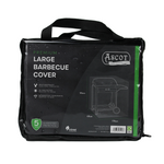 A black package contains the Premium Large Barbecue Cover with dimensions of 170 x 60 x 115 cm, offering outdoor furniture protection. The packaging includes branding, a green waterproof covers label with a 5-year guarantee, and top carrying handles.