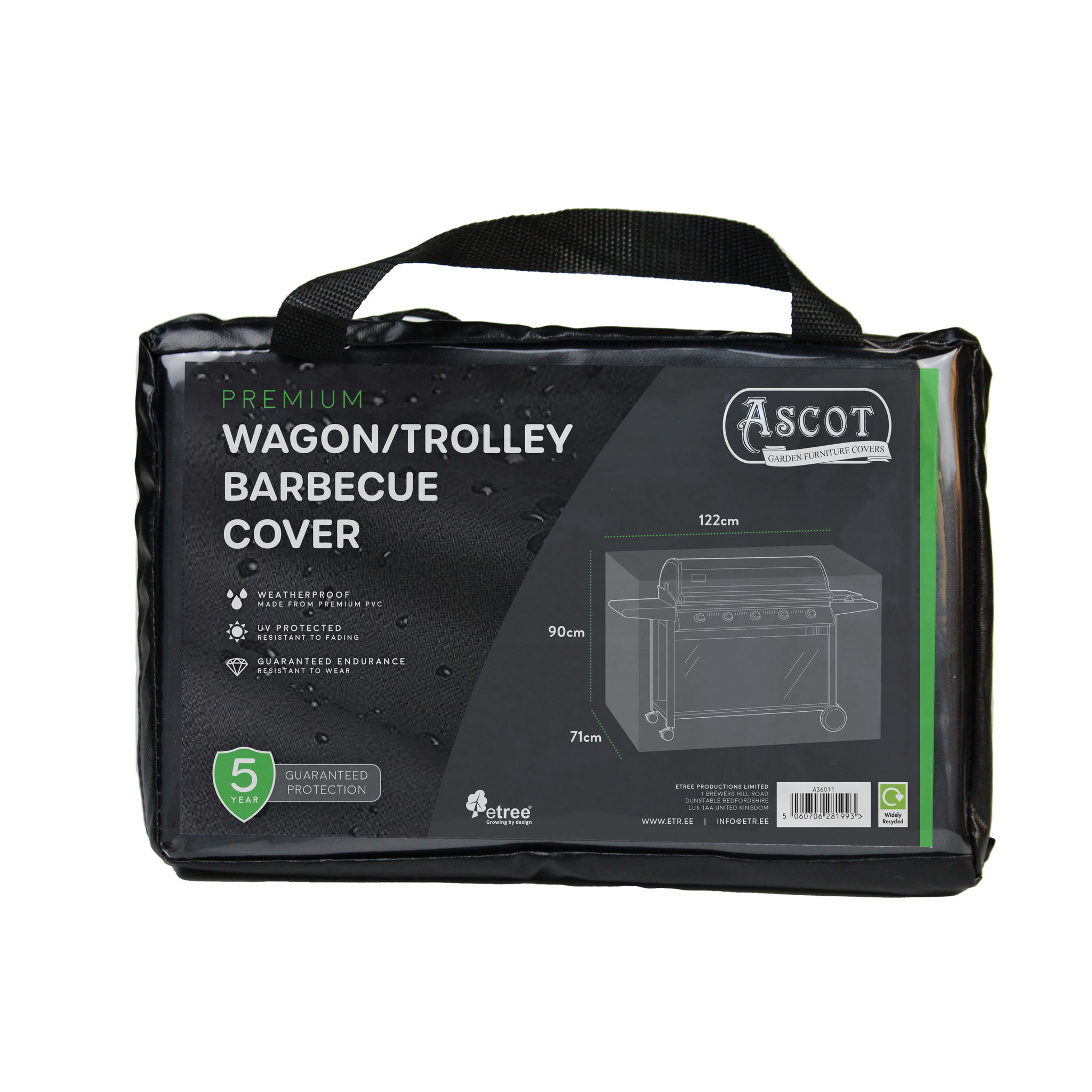 The Premium Wagon/Trolley Barbecue Cover in black (122x71x90cm) offers waterproof, UV-protected PVC, weatherproofing, and a 5-year guarantee—ideal for outdoor furniture.