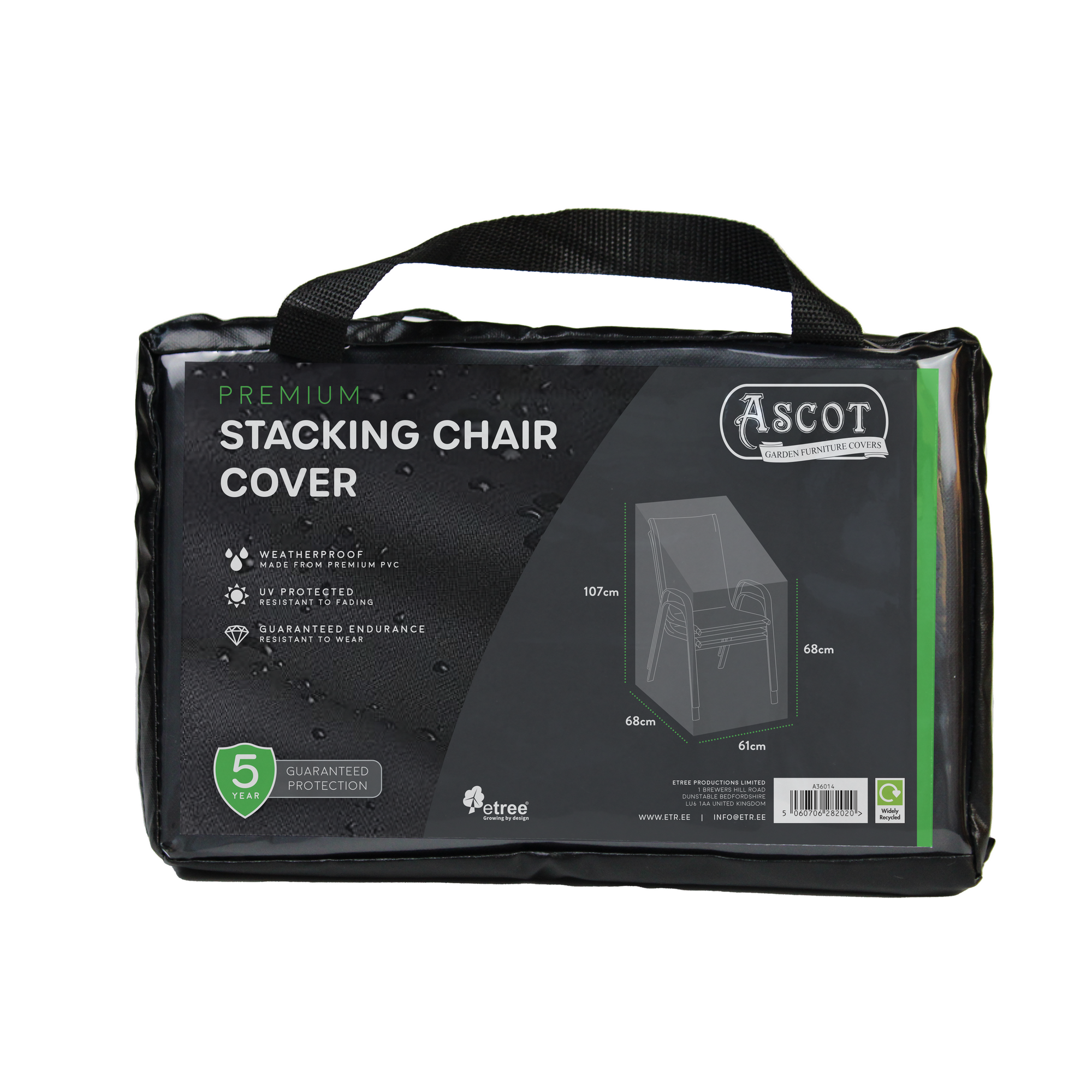 The Premium Stacking Chair Cover by Ascot combines style and function with a sleek black, rectangular bag featuring a handle. It highlights waterproof and UV-protected PVC material, offers outdoor furniture protection, comes with a 5-year guarantee, and measures 61cm x 68cm x 68/107(H) cm.