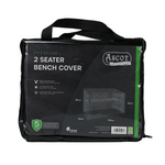 The image shows the Premium 4ft 2-Seater Bench Cover by Ascot, designed for outdoor protection. It features black packaging with a transparent section showcasing its waterproof and UV-resistant cover. Dimensions are 134x66x63/89cm (H) and it includes a 5-year guarantee.