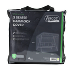 The packaged Premium 3 Seater Hammock Cover in black showcases an illustration of the cover in use. It highlights UV-protected, waterproof outdoor furniture coverage and comes with a 5-year guarantee. Dimensions are 220cm x 150cm x 170cm.