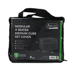 A sleek black package with a handle displays the "Premium Modular 4 Seater Cube Set Cover Medium - 117 X 117 X 65 H." It emphasizes waterproof and UV-protected PVC, features a 5-year guarantee badge, and includes a line drawing of outdoor furniture covers.