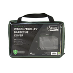 A packaged Premium Wagon/Trolley Barbecue Cover in green features a product label, handle, and dimensions (122 x 71 x 90 cm), with icons showing UV-protected PVC and waterproof protection for outdoor furniture covers.
