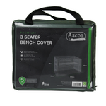 Ascot offers a green premium 1.5m 3-seater bench cover, ideal for outdoor use with UV-protected PVC and waterproof features. It comes with a 5-year guarantee and includes a detailed diagram showing dimensions: 89cm high, 160cm wide, and 66cm deep.