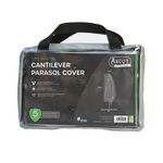A transparent bag with a black handle holds an Ascot-branded Premium Cantilever Parasol Cover in grey, made of UV-Protected PVC for weatherproofing. It measures 83 cm W x 240 cm H and includes a 5-year guarantee, designed specifically for Garden Furniture Covers.