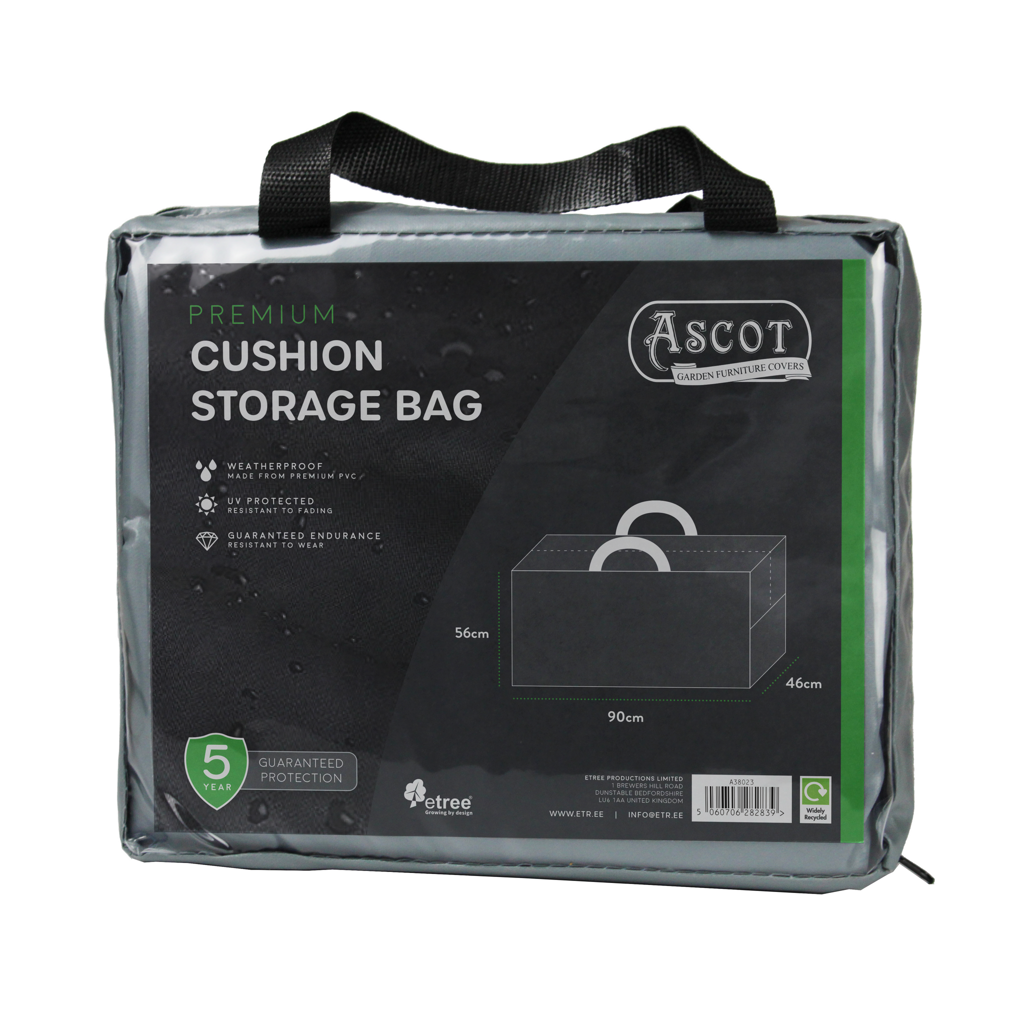 The Premium Cushion Storage Bag - 90 X 46 X 56 H in grey features a black handle, product details, UV-protected PVC waterproof cover, and a 5-year guarantee printed on the front—perfect for storing outdoor furniture cushions.