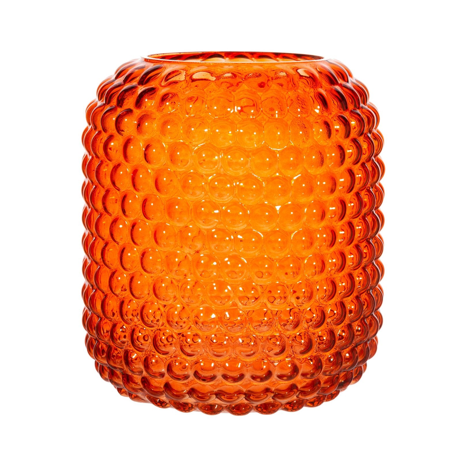 An amber coloured round vase