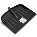A wide black Snow & Garden Shovel Blade Heavy Duty Impact Resistant with a grooved design and an attached handle socket is shown against a white background. This durable snow shovel features a label with text and barcodes, but specific details are not legible.