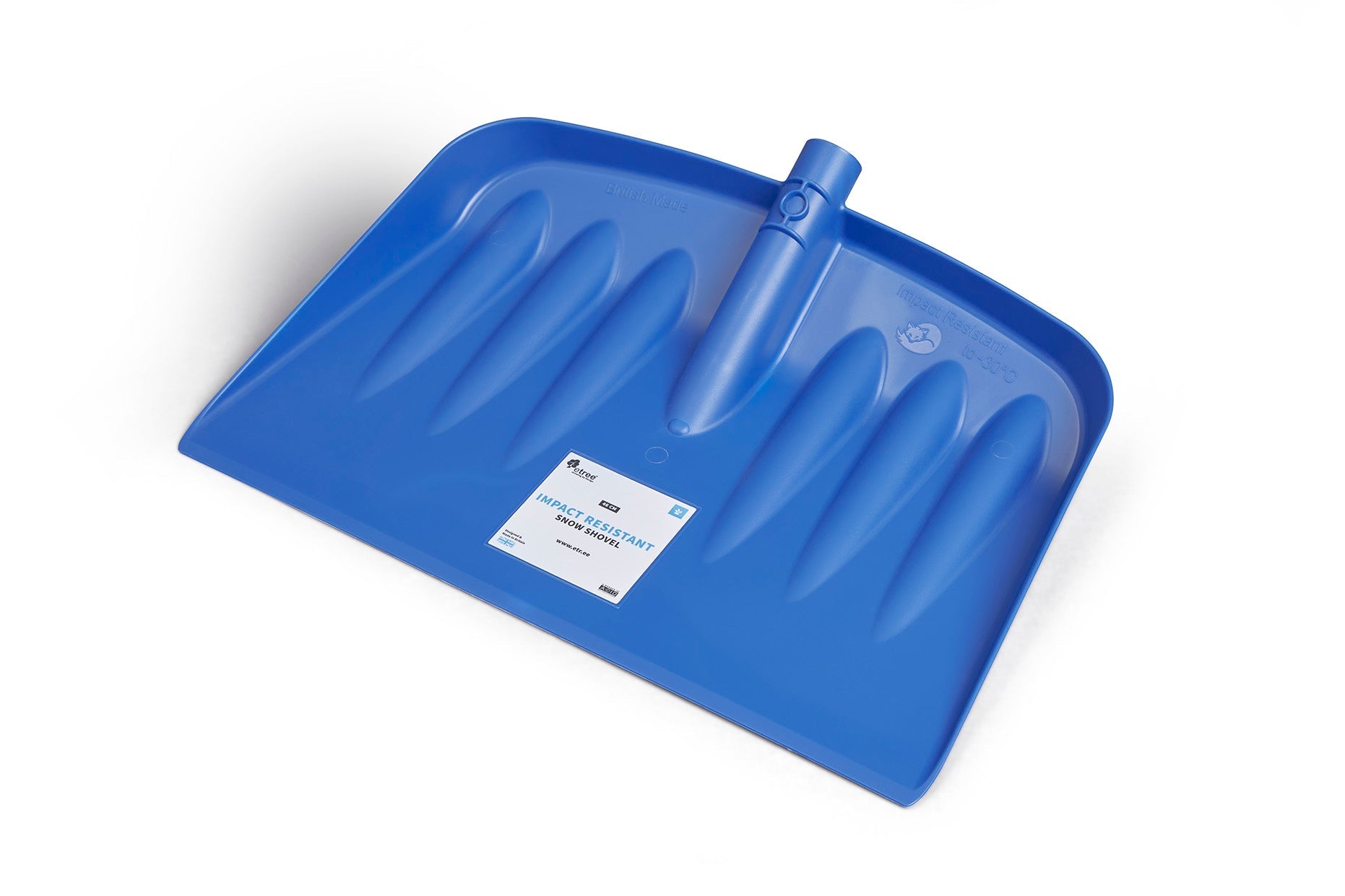 The Snow & Garden Shovel Blade Heavy Duty Impact Resistant features a blue plastic blade with a sticker label on its surface. This durable shovel blade has a cylindrical section on top for handle attachment and boasts a contoured design for added reinforcement. The background is plain white.