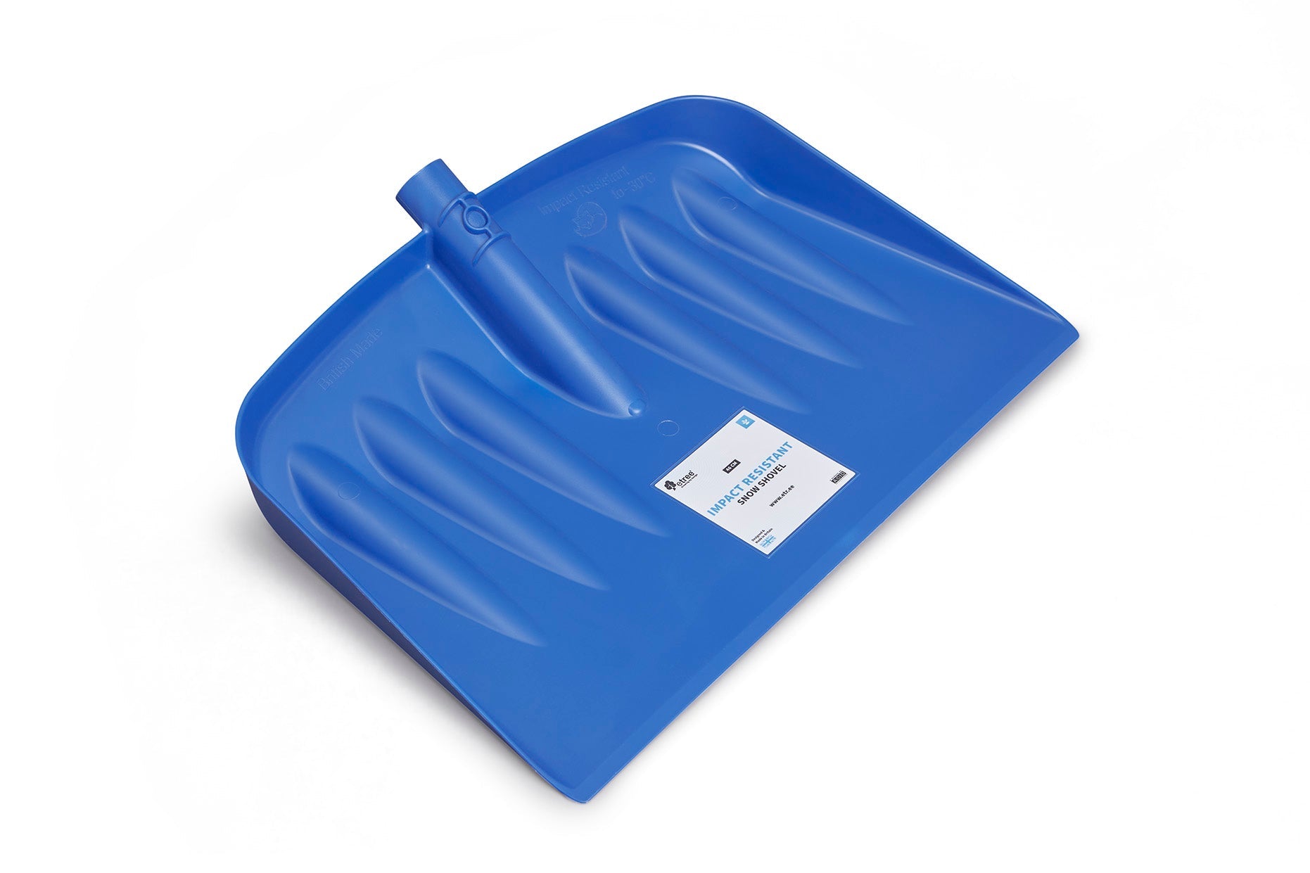 The Snow & Garden Shovel Blade Heavy Duty Impact Resistant, in blue plastic with grooves and a label attached, is displayed on a white background. This robust shovel head features a hole for fitting a handle, making it an indispensable impact-resistant tool for winter tasks.