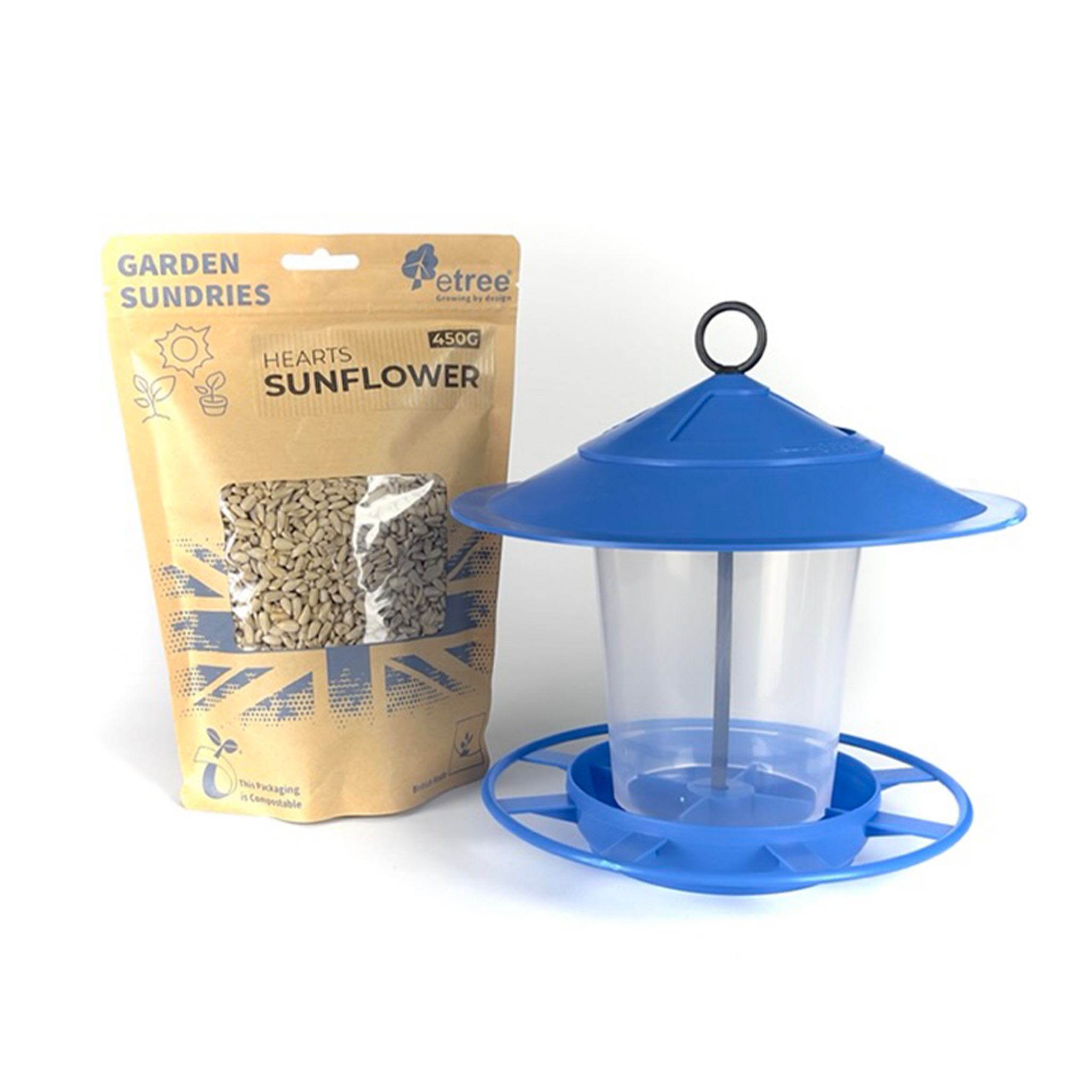 A light blue Pre Filled Hanging Lantern Bird Feeder with a circular perch and a clear plastic reservoir stands next to a 450g packet of "Sunflower Hearts" wild bird seed. The packet, which has a resealable top and green garden-themed graphics, pairs perfectly with the easy-to-clean bird feeder.