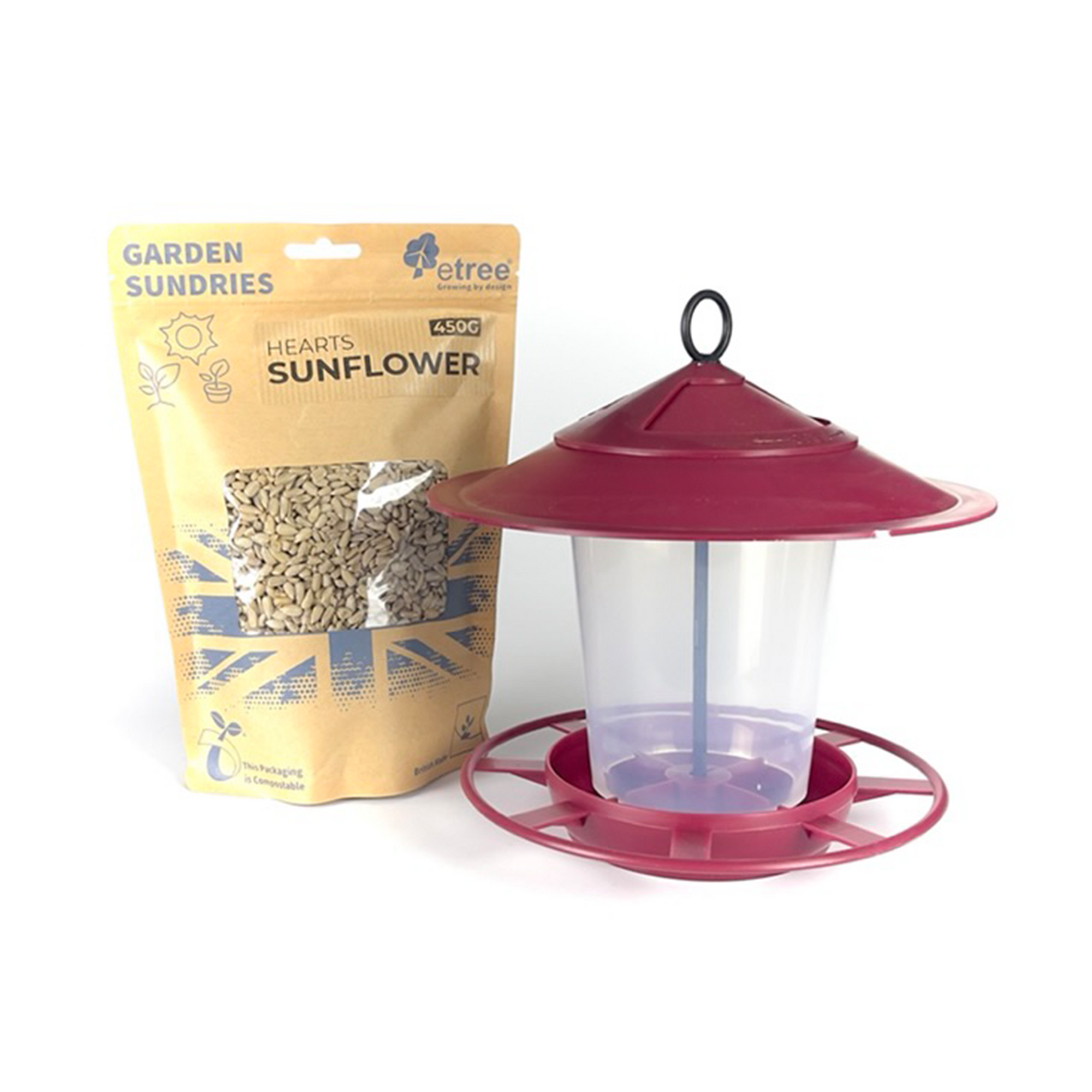 The Pre Filled Hanging Lantern Bird Feeder Gift Set in Florentine Red, featuring a bird feeder with a conical roof and multiple perches, comes alongside a 450g pack of "Sunflower Hearts wild bird seed" in a beige bag branded with "Garden Sundries." The easy-clean design ensures an enjoyable experience for feathered visitors.