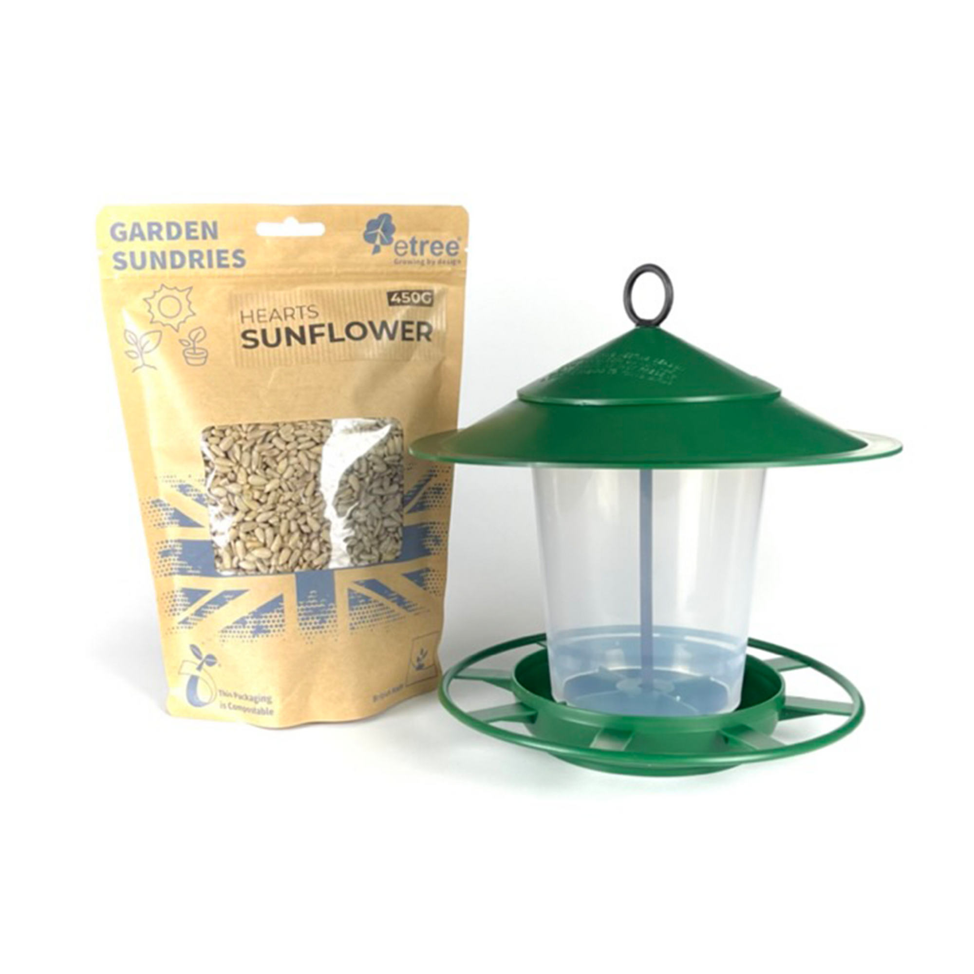 Displayed next to a brown bag of "Garden Sundries Sunflower Hearts wild bird seed 450g" is a green Pre Filled Hanging Lantern Bird Feeder Gift Set, featuring a circular base and a hoop at the top. The feeder's roof-like top offers protection from the elements, ensuring an Easy Clean experience.