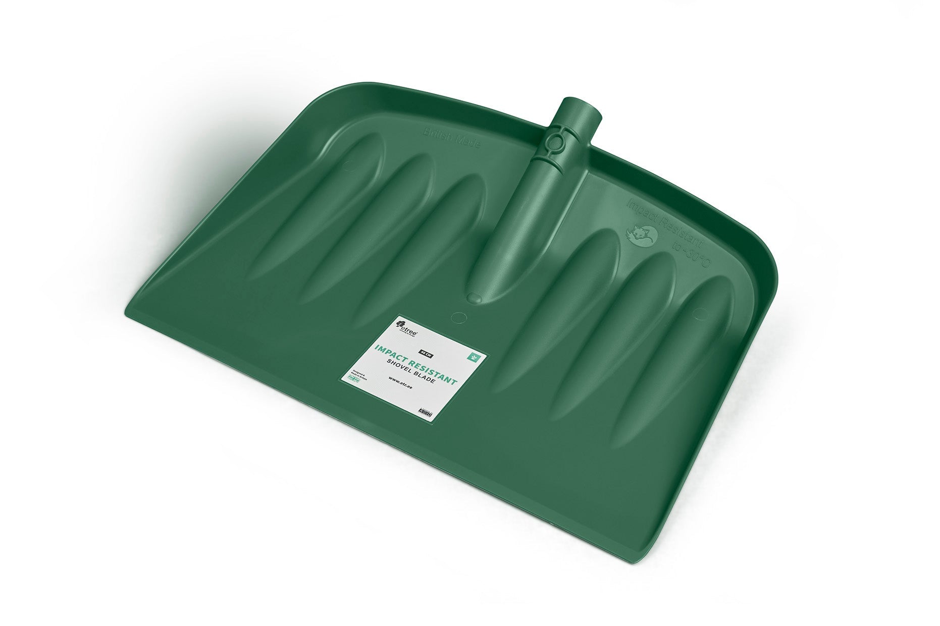 A green plastic Snow & Garden Shovel Blade Heavy Duty Impact Resistant with a wide, ribbed surface is featured. The blade has a sticker on it with text in a white box and is set against a white background.