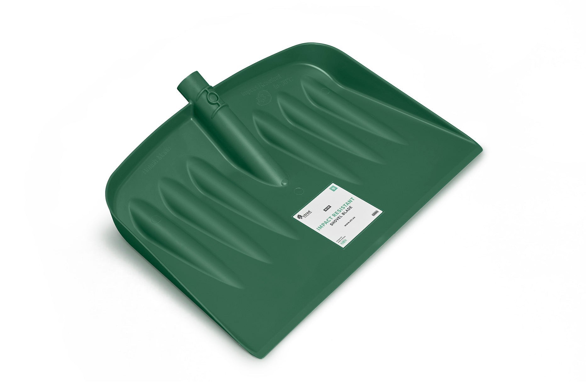 Introducing the Snow & Garden Shovel Blade Heavy Duty Impact Resistant, featuring a green plastic head with a flat, rectangular blade and a cylindrical socket for attaching a handle. The shovel includes a white label with text on the blade indicating product details. The background is white.