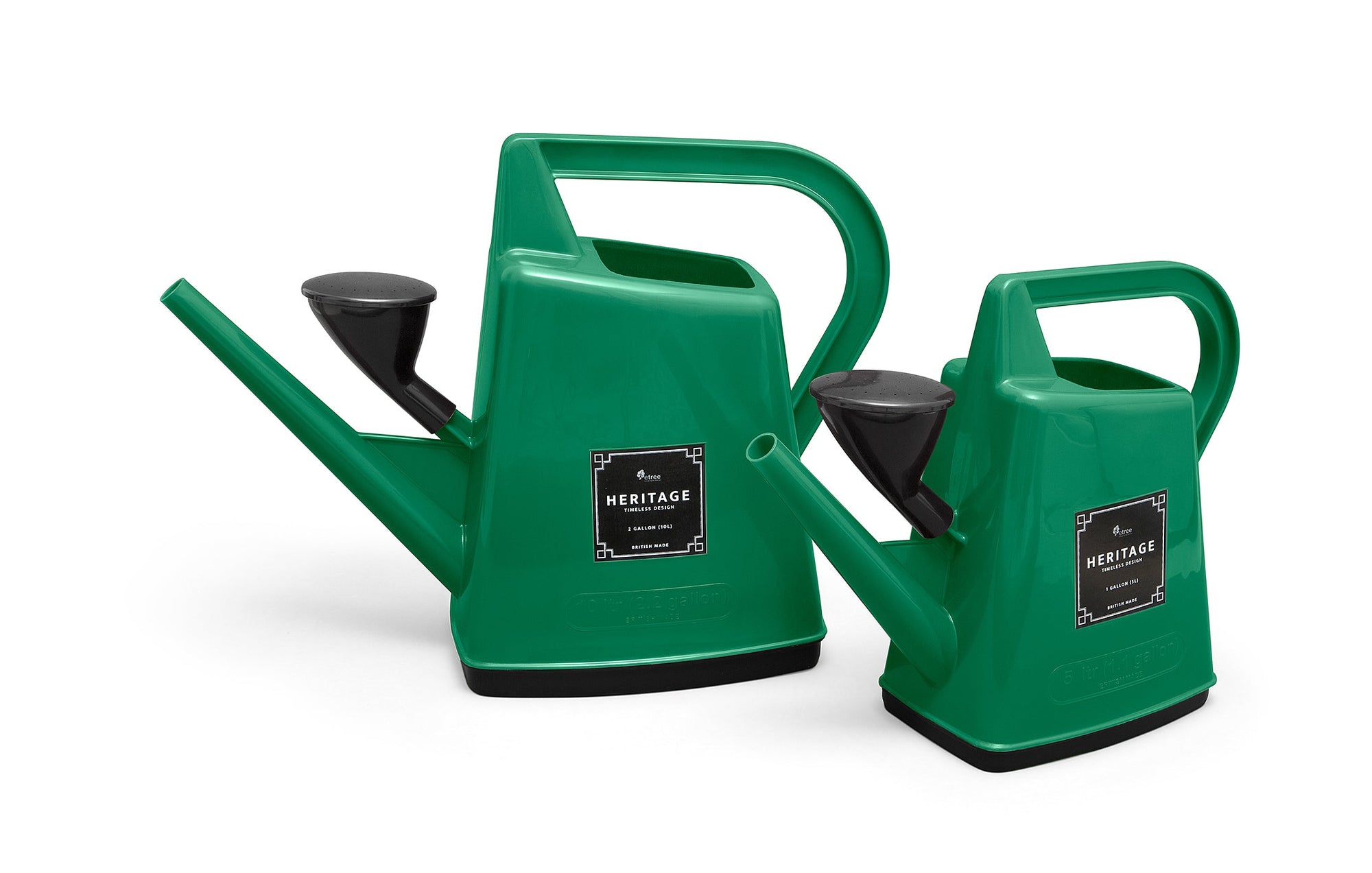 Two grass green Etree British Heritage Watering Cans with black spouts and handles are displayed. Both have "Heritage" labels on their sides, indicating their British-made origin. The larger, 2-gallon (10L) watering can is on the left, while the smaller, 1-gallon (5L) one is on the right. They feature a modern, angular design perfect for sustainable gardening.