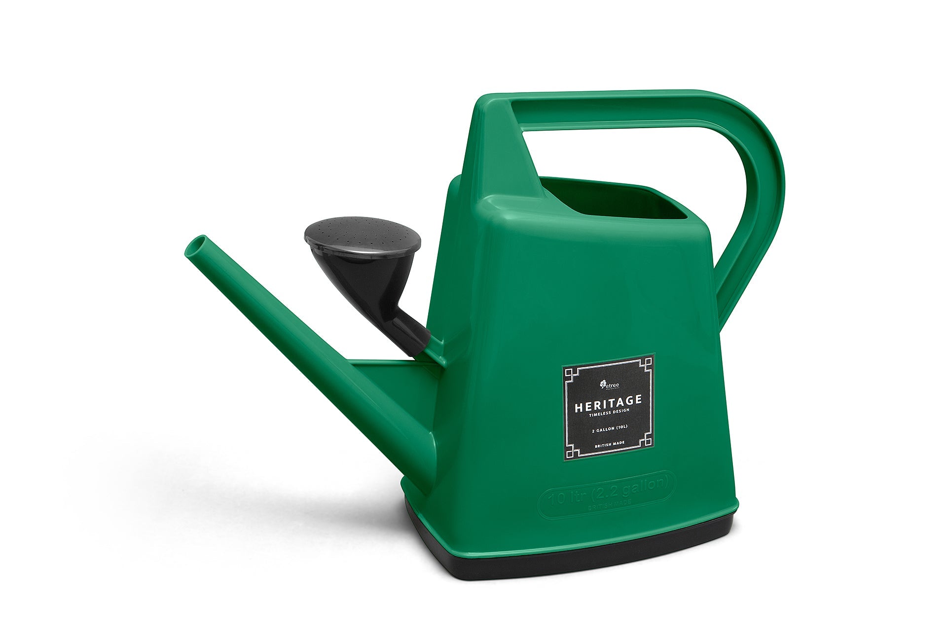 A grass green plastic watering can with a long spout, a black detachable rose, and a large handle. The body has a label that reads "Etree British Heritage," indicating its 1-gallon capacity. British-made for sustainable gardening, the base of the can is black.