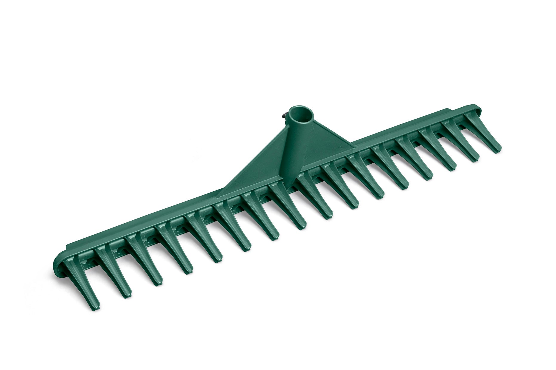 The "Impact Resistant Garden Landscaping Rake Head Green" is a green plastic garden rake head made from impact-resistant recycled polypropylene, featuring multiple tines and a socket for handle attachment, positioned on a white background.