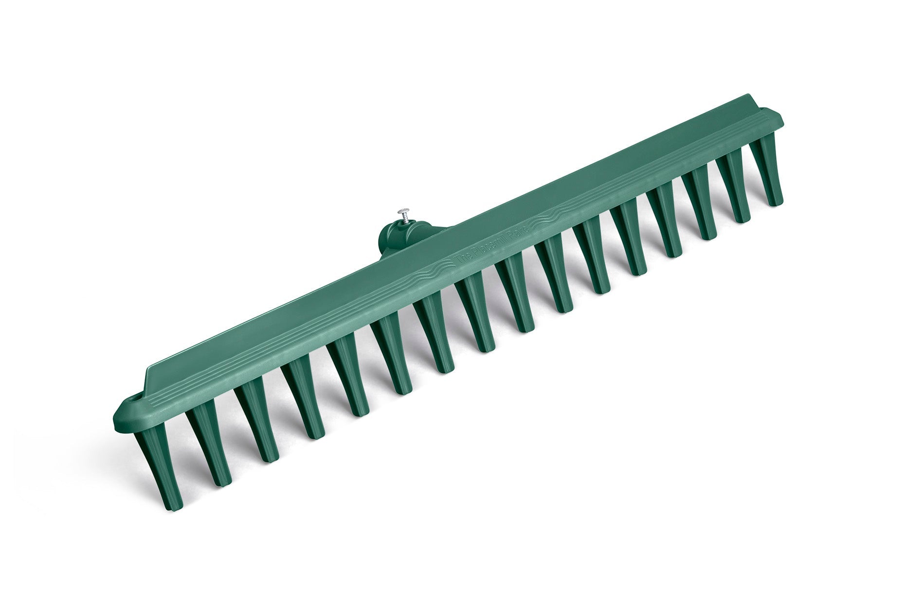 The Impact Resistant Garden Landscaping Rake Head Green is a green rake with a wide head and sturdy tines crafted from recycled polypropylene. The head, featuring a cruciform tooth design, is securely attached to the handle with a metal screw. Displayed against a plain white background, it showcases its simple yet functional aesthetic.