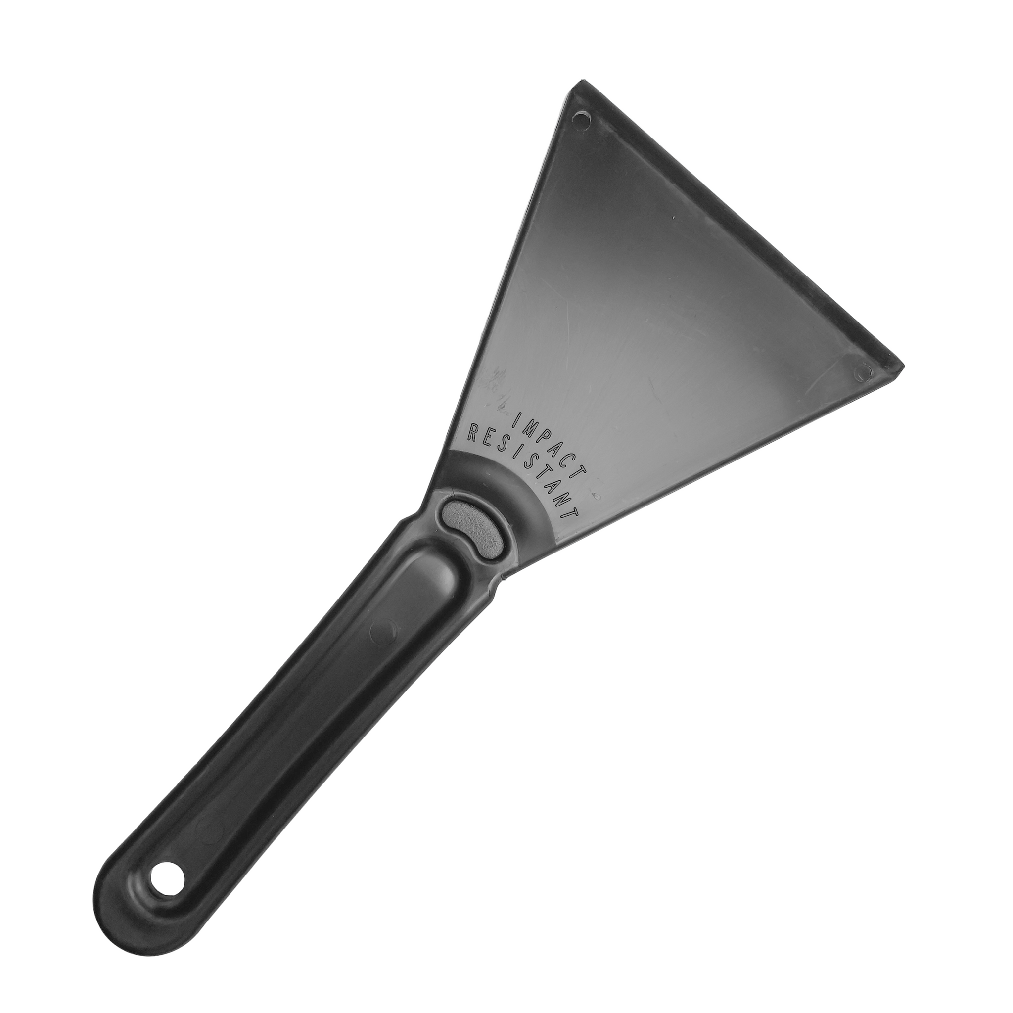 The Essential Car Windscreen Ice Scraper is perfect for frost and ice removal with its black, triangular-bladed design and plastic handle. The ergonomic grip ensures comfortable use, while a hole at the base allows for easy hanging. Made from durable materials, the blade is labeled "Impact Resistant," making it an indispensable tool for various cleaning tasks.
