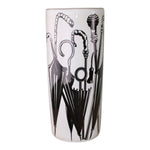 The Monochrome Umbrella Print Ceramic Umbrella Stand features a design with intricate black and white umbrella patterns, offering vintage-inspired charm that elegantly combines various styles and shapes.