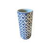 The Palm Tree Print Umbrella Stand is a tall ceramic piece with a white background, blue diamond lattice pattern, and palm tree motifs—perfect for keeping your hallway tidy.