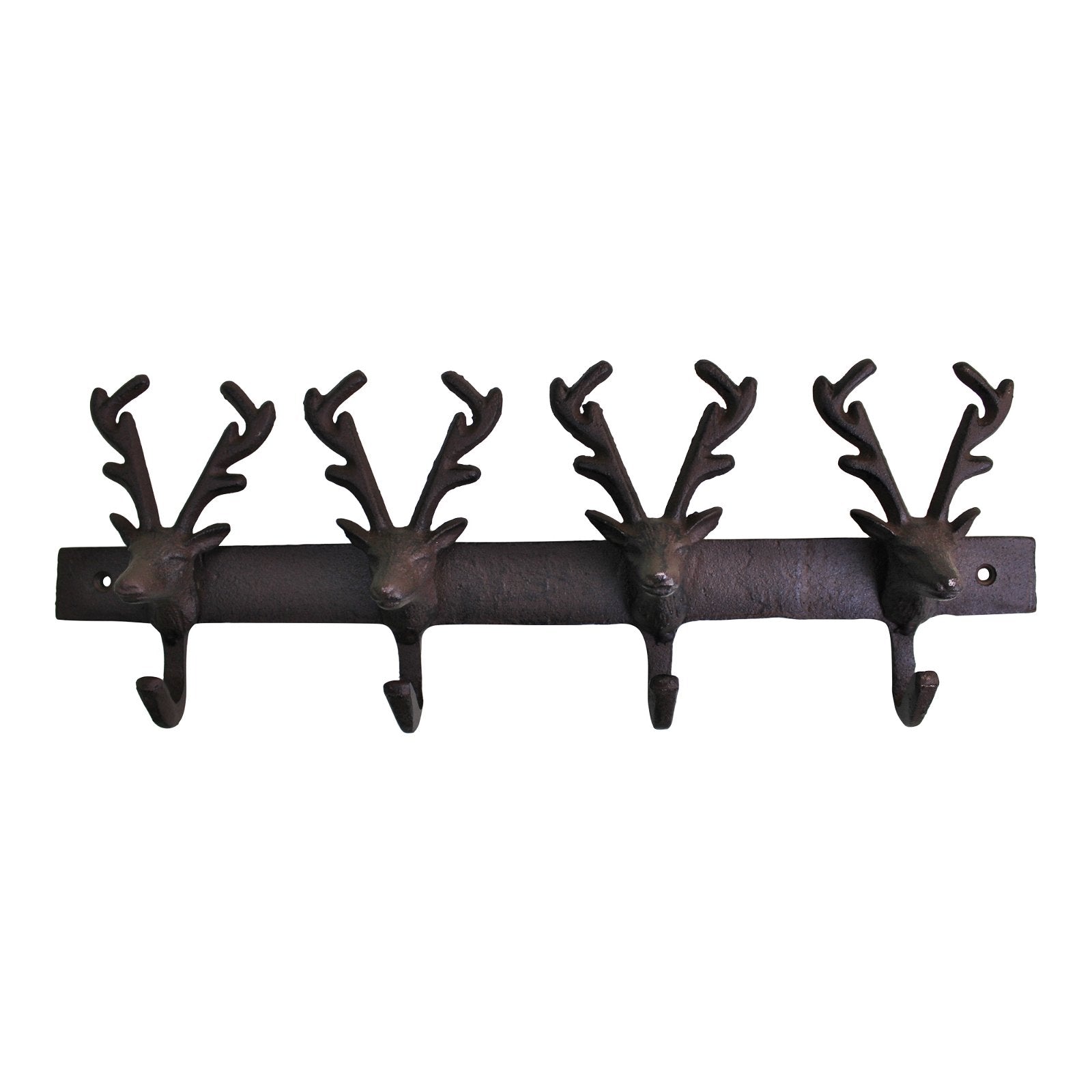 A dark brown coat rack featuring four Rustic Cast Iron Wall Hooks, each shaped like a reindeer's head with antlers, is mounted on a flat horizontal bar. The design exudes rustic and industrial charm, making it an ideal addition for enhancing storage in your home.