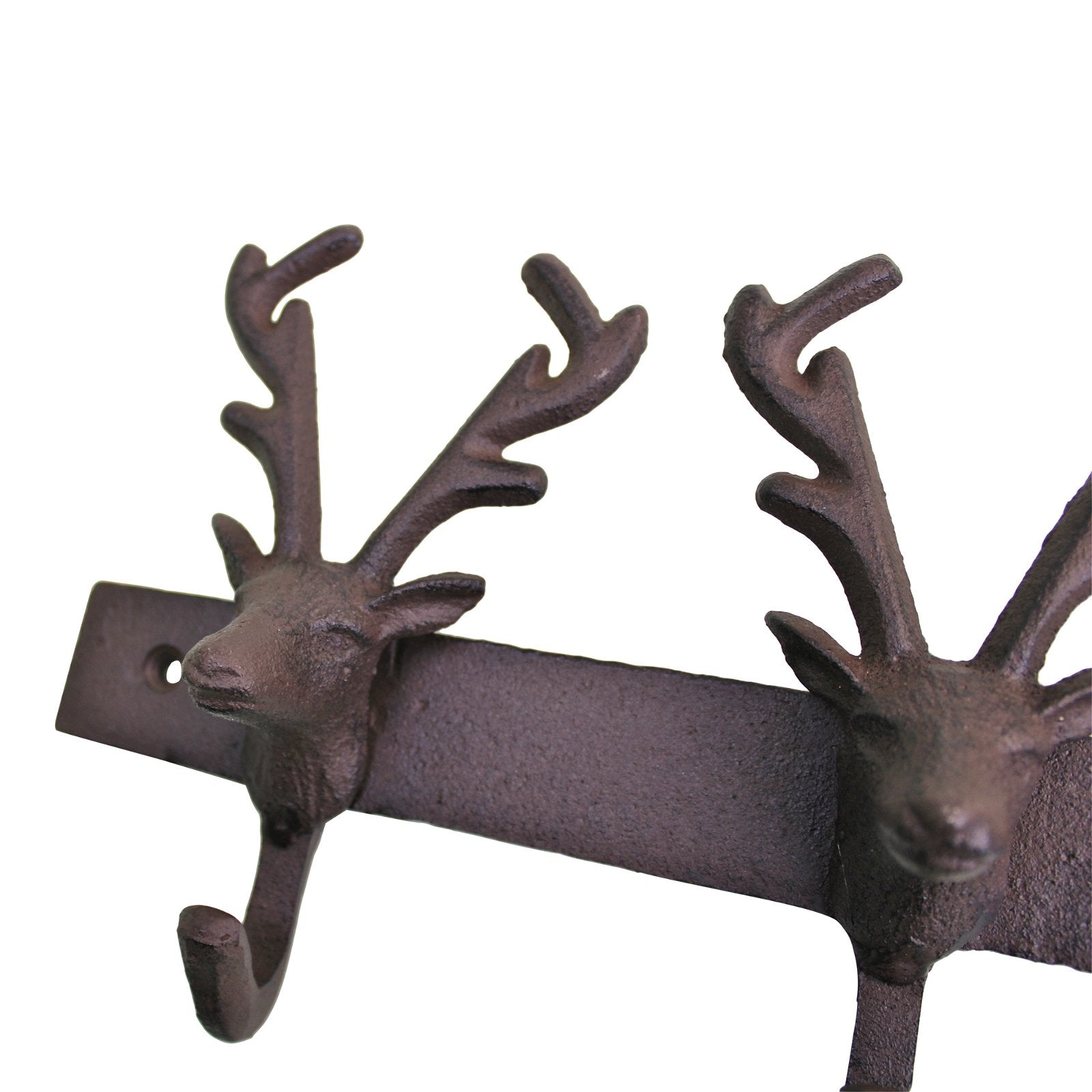 The Rustic Cast Iron Wall Hooks, Reindeer, feature two deer heads with antlers in an industrial-style design. Each head has a single hook below it, and the dark brown finish enhances its rustic charm. With a bolt hole for easy mounting to a wall or door, this piece is perfect for adding space storage accessories.