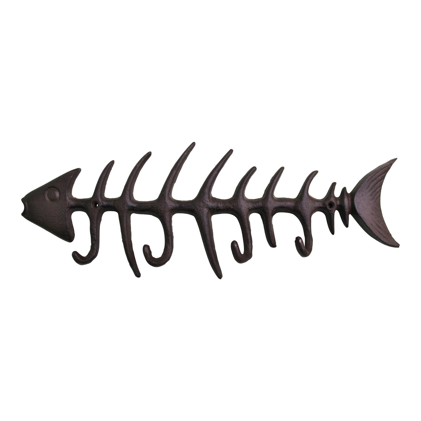 The Rustic Cast Iron Wall Hooks, Fish Skeleton is a uniquely designed wrought iron wall hook mimicking a fish skeleton with multiple ribs serving as hooks for item hanging. Perfect for small storage solutions, it boasts an industrial-style fish head complete with an eye and gill, and a tail at the other end. The hooks are evenly spaced along its spine.