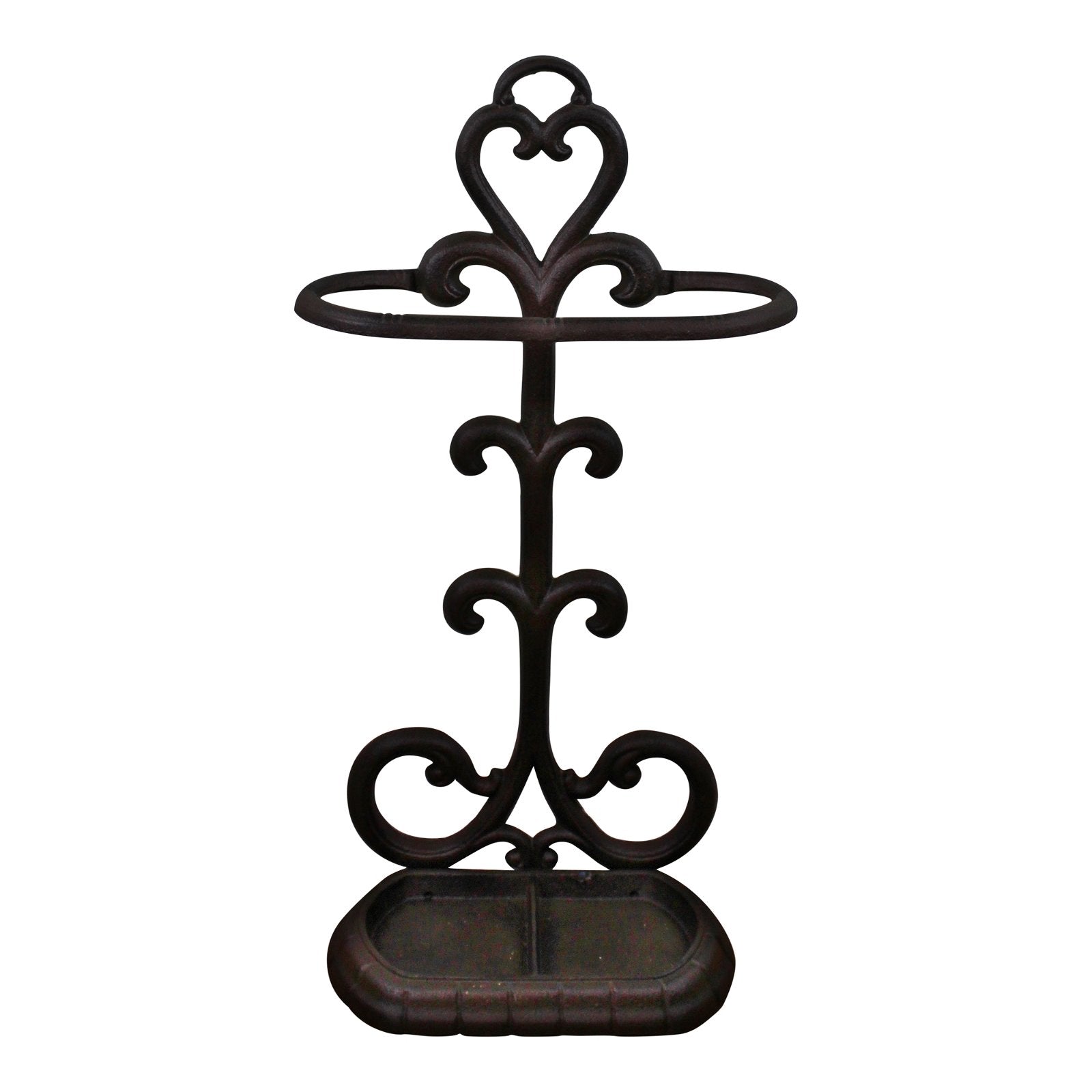 The Traditional Rustic Cast Iron Umbrella Stand is a decorative, dark-colored piece featuring an ornate, swirling wrought-iron design. It includes a heart-shaped top handle and a rectangular base tray for collecting water from wet umbrellas. This stand combines functionality with traditional elegance, ensuring a drip-free hallway.