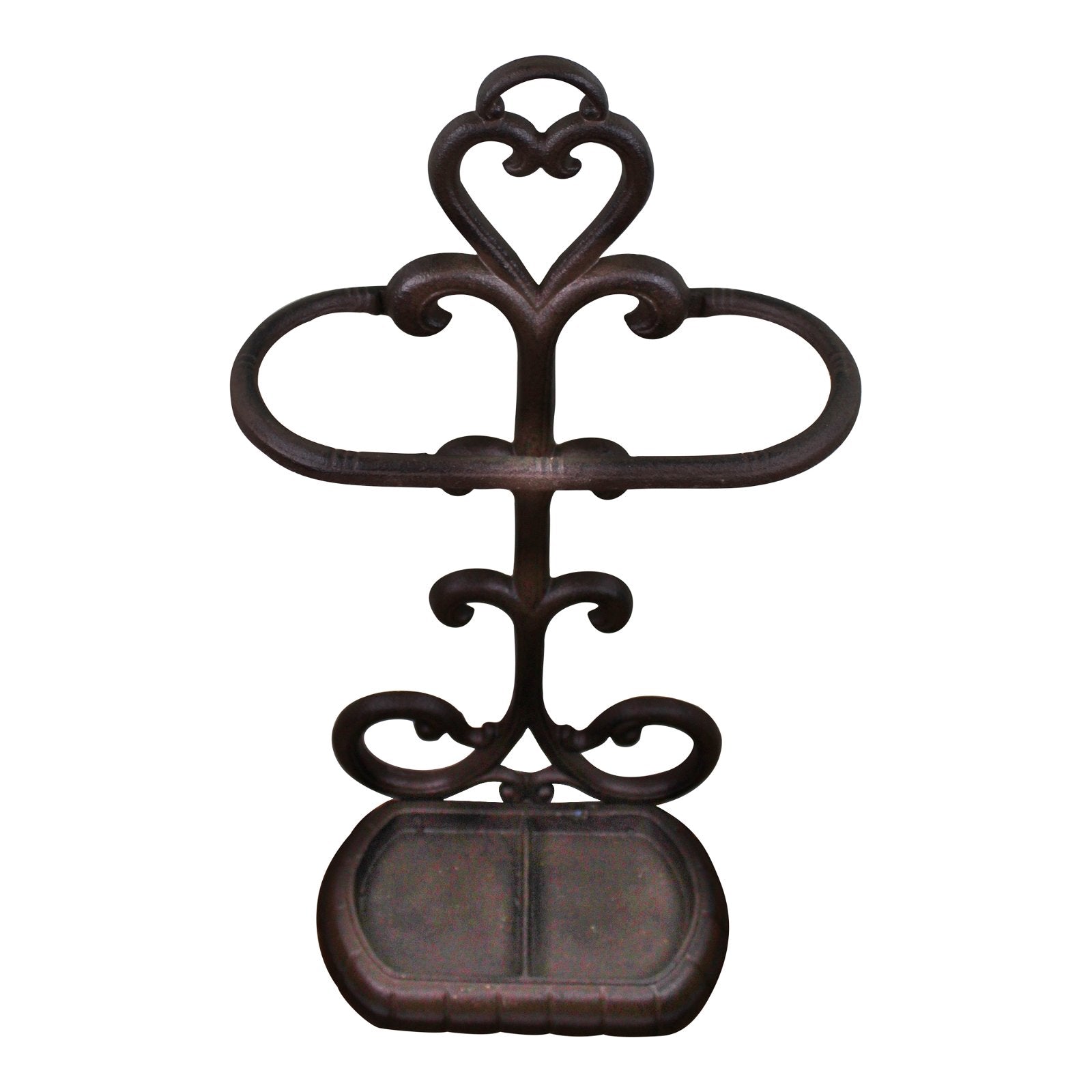 The Traditional Rustic Cast Iron Umbrella Stand features an ornate, vintage-style design with traditional elegance, showcasing a heart-shaped motif at the top, two symmetrical loops on either side, and intricate scrollwork. At the base, a rectangular drip tray with rounded edges ensures a drip-free hallway by catching water from umbrellas.