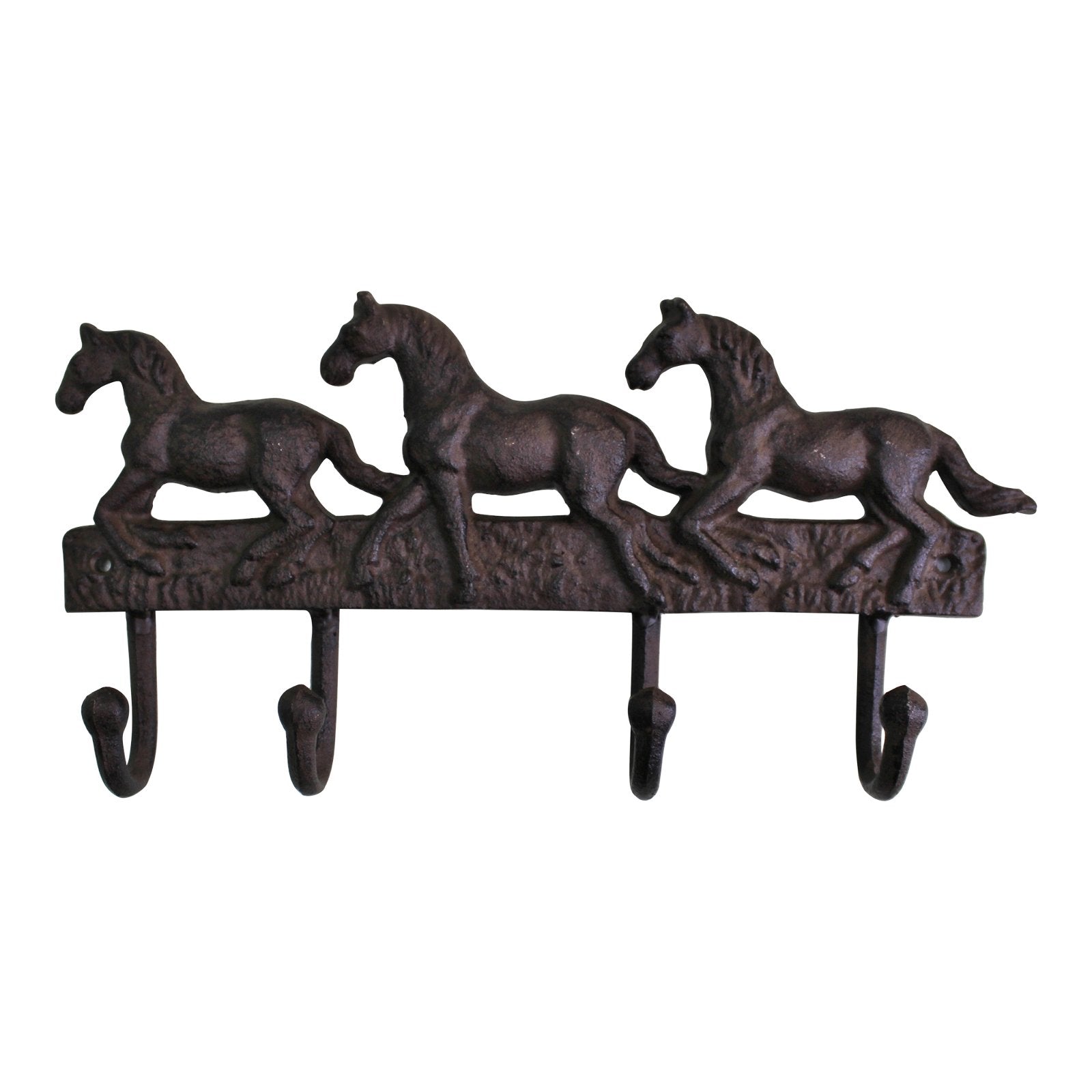 The Rustic Cast Iron Wall Hooks, Three Horses, feature a design of three galloping horses attached below a bar they're standing on. Made from dark, rustic cast iron for a vintage appearance, these hooks offer both style and function as industrial-style small space storage accessories.