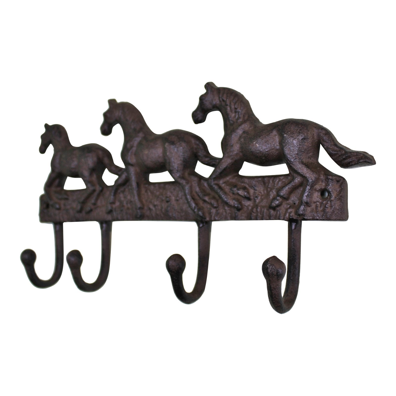 The Rustic Cast Iron Wall Hooks, Three Horses is a decorative wall-mounted rack featuring three horse figurines in a dynamic running pose. This piece boasts an industrial-style rustic dark brown finish and includes three hooks protruding from the bottom, making it ideal for hanging coats, bags, or keys. It’s perfect for small space storage accessories.