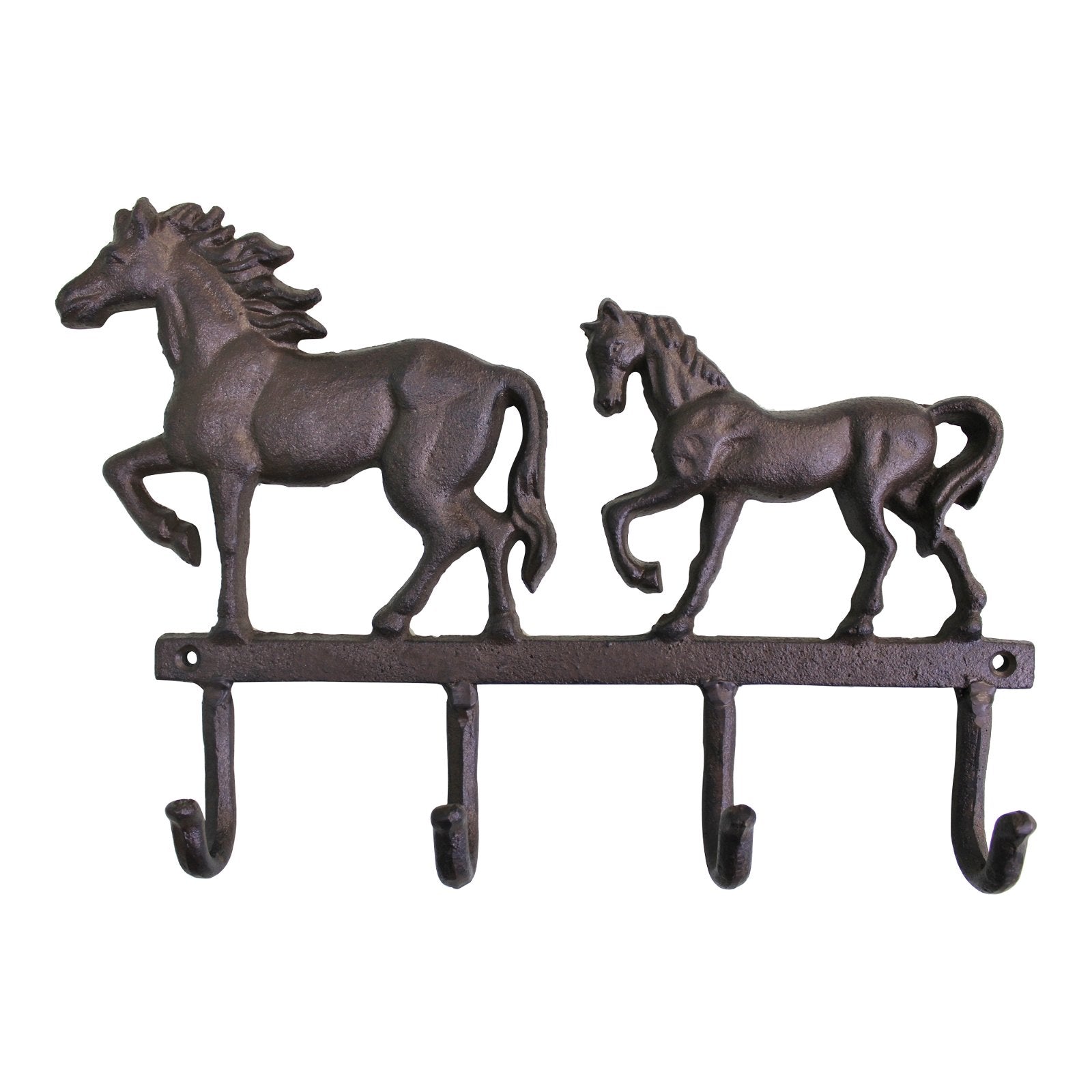 The Rustic Cast Iron Wall Hooks, Two Horses, is a decorative wall-mounted coat rack featuring two prancing horse figures in a dark bronze finish. These rustic metal wall hooks provide four sturdy points for hanging items, making it ideal for small space storage and adding a touch of industrial style decor.