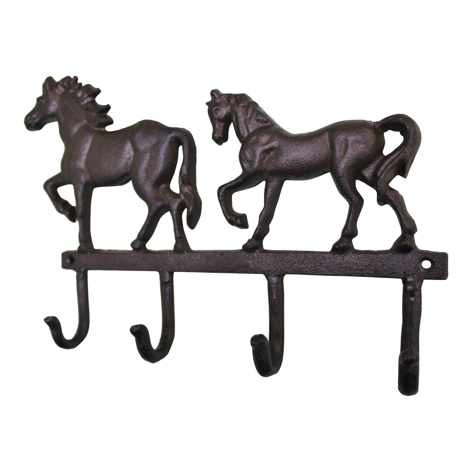 Product Description: The Rustic Cast Iron Wall Hooks, Two Horses, features two horse figures standing on their hind legs with lifted front legs, giving them a trotting appearance. Below the horses are three sturdy hooks for hanging items. Ideal for small space storage accessories, it boasts a weathered finish that enhances its industrial style decor.