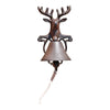 The Rustic Cast Iron Wall Bell, Reindeer Bust, features a reindeer design atop a decorative frame with outward antlers, and a rope-attached clapper. Its weathered cast iron finish adds rustic charm.
