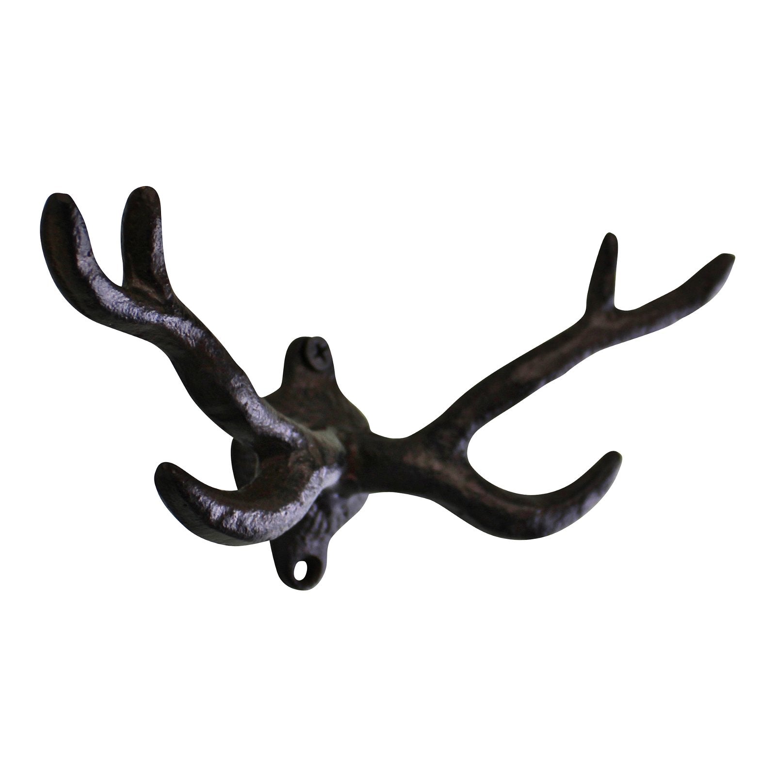 The Rustic Cast Iron Wall Hooks in the shape of stag antlers are perfect for small space storage, featuring a textured black metal surface and multiple prongs for hanging items. This hook combines rustic charm with industrial style decor and includes two mounting holes for secure installation.