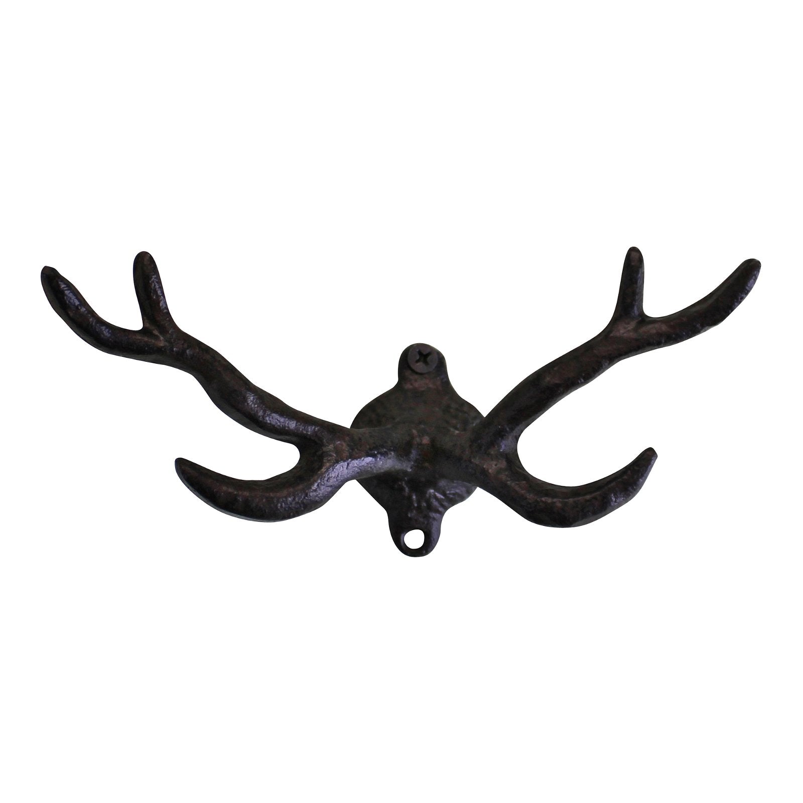 The Rustic Cast Iron Wall Hooks, Stag Antlers, Small offers a stunning metal wall hook in the shape of antlers. The design boasts two main branches extending outward with additional smaller branches, making it perfect for industrial style decor. With a dark brown finish and a mounting point at the base, this wall hook is ideal for small space storage accessories.