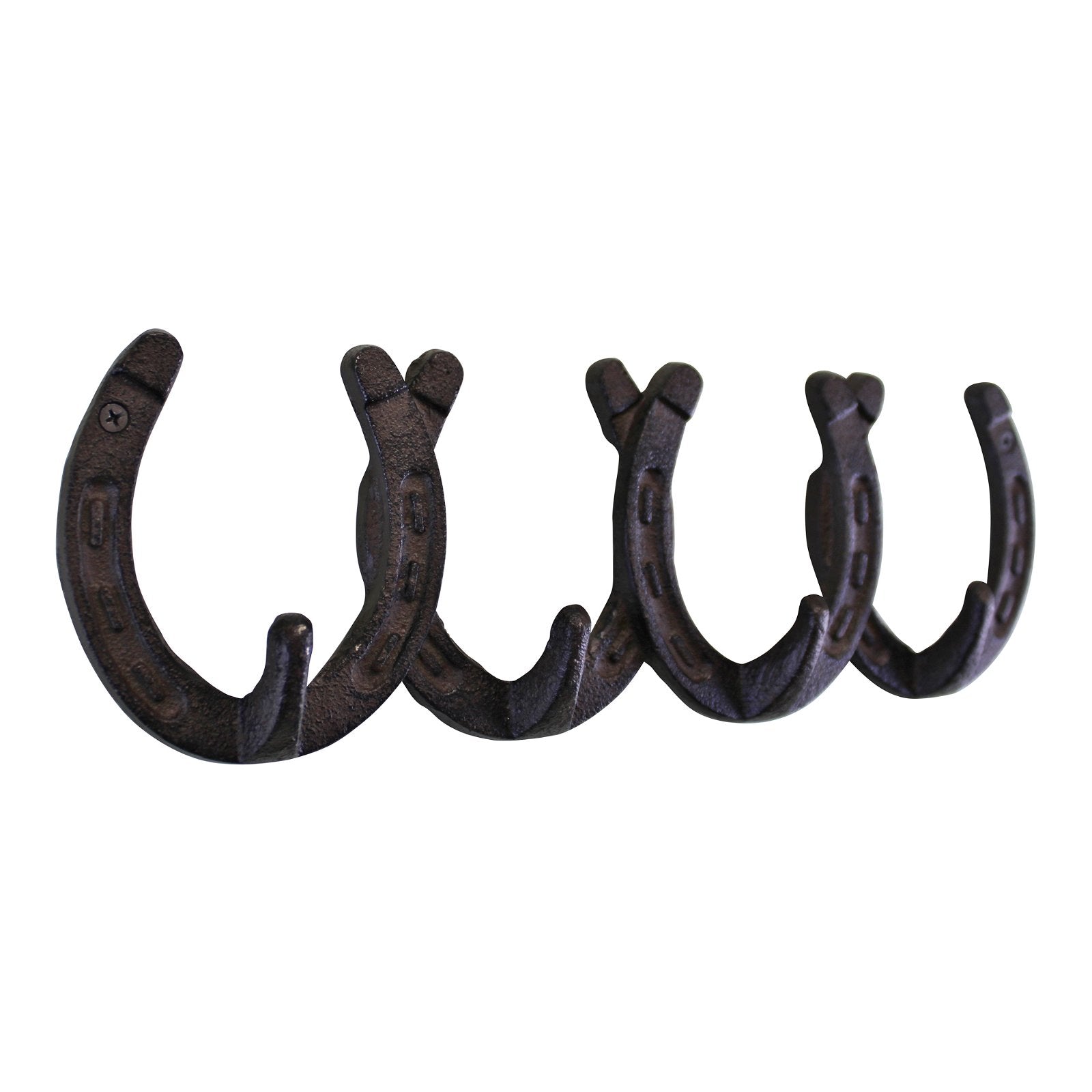 The Rustic Cast Iron Wall Hooks, Horseshoe Design, features a wall-mounted coat rack made from four brown horseshoes aligned horizontally. Each upright horseshoe has its open ends facing downwards, forming practical hooks for hanging items. This piece offers a vintage look ideal for adding industrial-style decor to small space storage accessories.