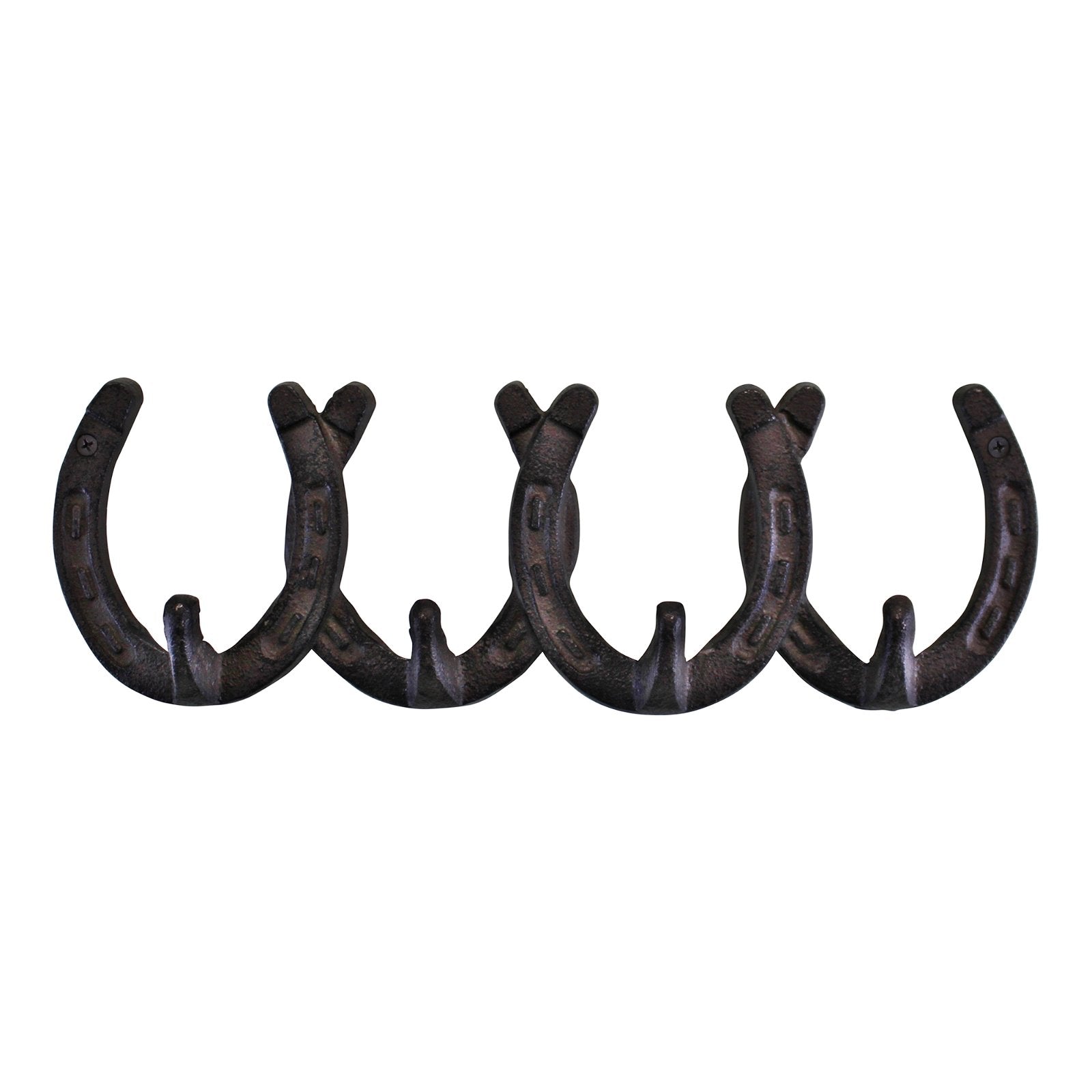 Four Rustic Cast Iron Wall Hooks with a Horseshoe Design are mounted on the wall in a horizontal line, with their open ends facing downward. The hooks overlap slightly, creating a continuous industrial style wall decor. The cast iron looks worn, giving a rustic appearance perfect for small space storage accessories.