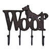 Introducing our Rustic Cast Iron Wall Hooks: a "Woof"-shaped design with a dog on the first letter. This industrial-style piece offers four hooks for optimal small space storage and exudes dark, rustic charm.