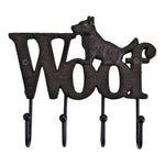 Introducing our Rustic Cast Iron Wall Hooks: a "Woof"-shaped design with a dog on the first letter. This industrial-style piece offers four hooks for optimal small space storage and exudes dark, rustic charm.