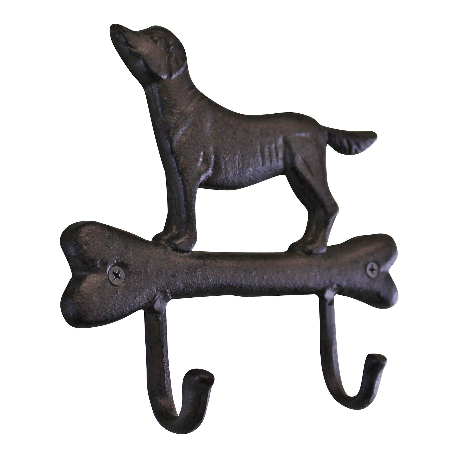 The Rustic Cast Iron Wall Hooks, featuring a gun dog standing on a large bone, are perfect for industrial style decor. This dark metallic finished hook has two prongs hanging from the bone, ideal for hanging keys, leashes, or small accessories.